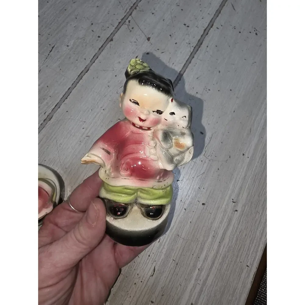 Vtg Figurines Asian Ching Lin Boy Girl Cat Dog Japan READ